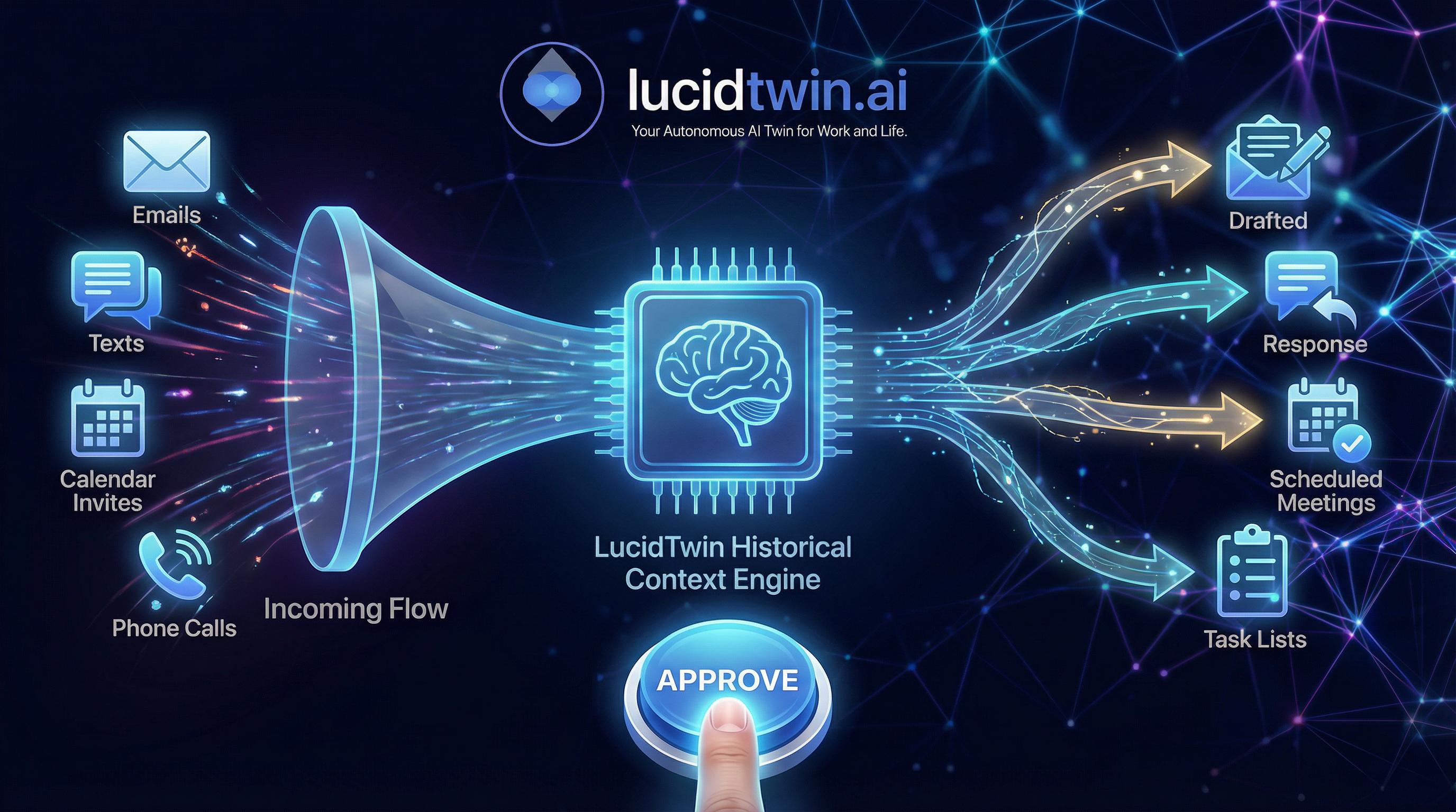 LucidTwin data flow diagram showing incoming emails, texts, calendar invites and phone calls flowing through the Historical Context Engine and outputting drafted responses, scheduled meetings, and task lists with one-tap approval