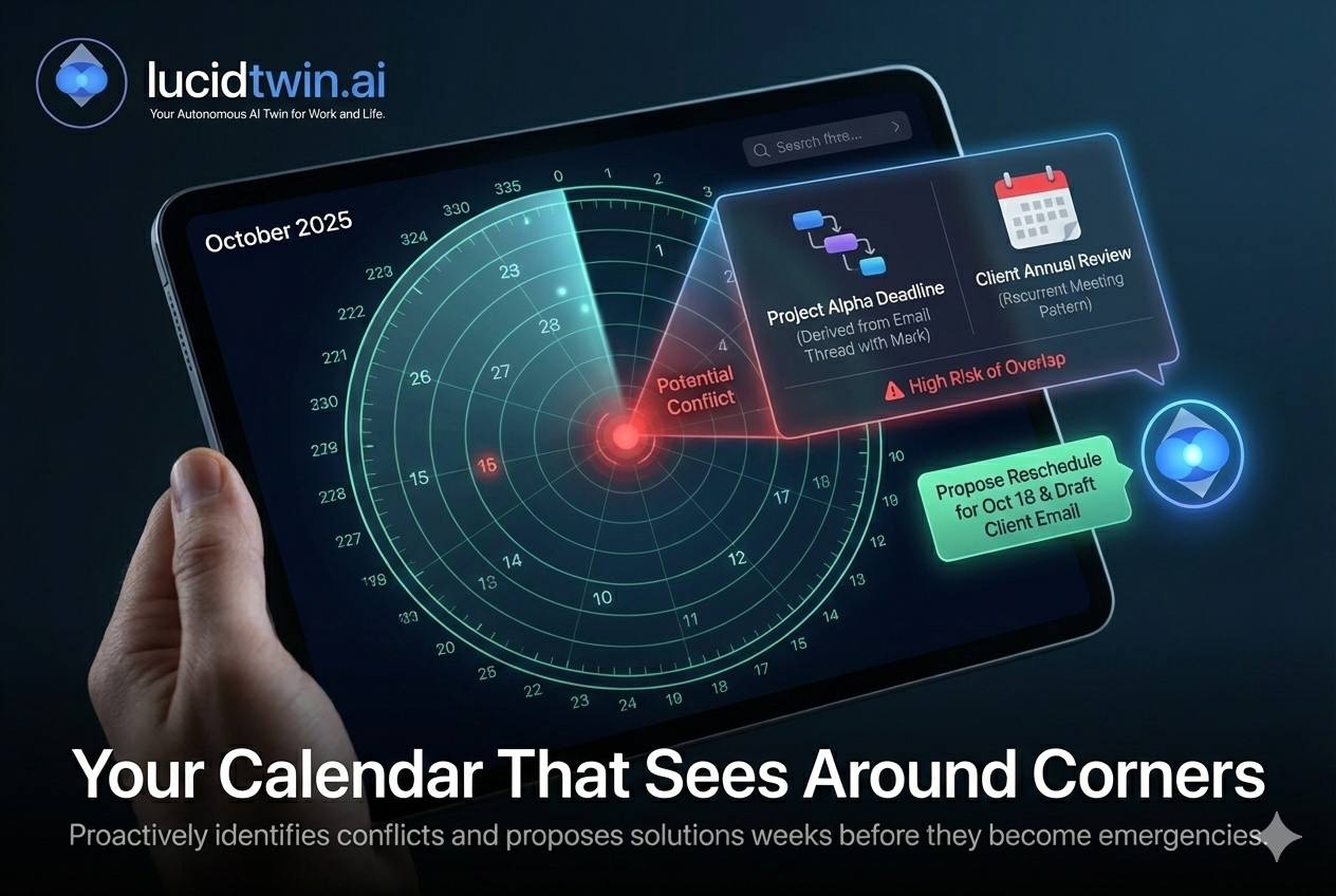 Your Calendar That Sees Around Corners - radar-style interface detecting scheduling conflicts and proposing reschedules