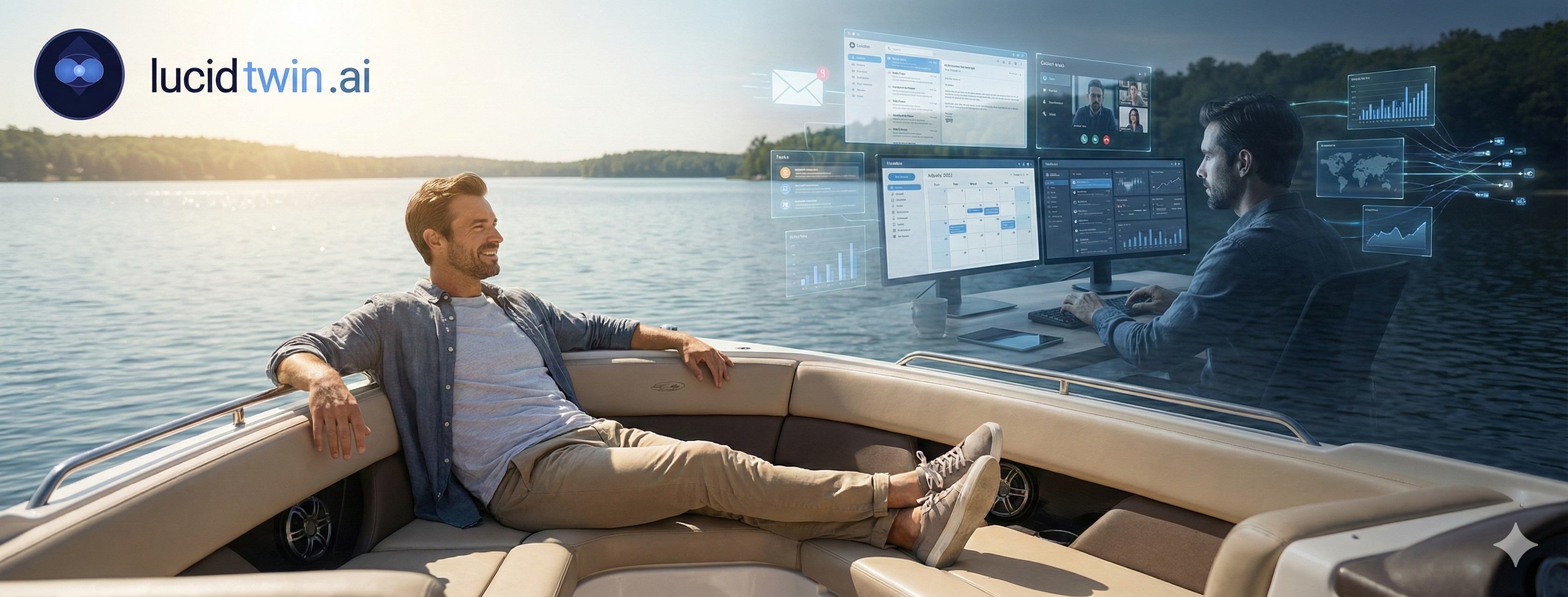 Man relaxing on boat while his AI twin handles work on multiple screens
