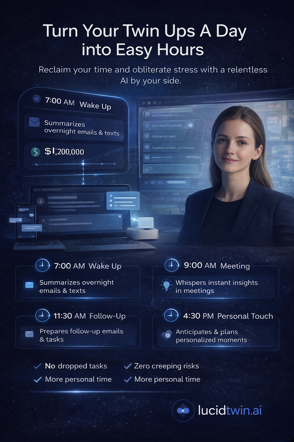 Turn Your Twin Ups A Day into Easy Hours - infographic showing 7AM wake up, 9AM meeting, 11:30AM follow-up, 4:30PM personal touch with benefits: no dropped tasks, zero creeping risks, more personal time